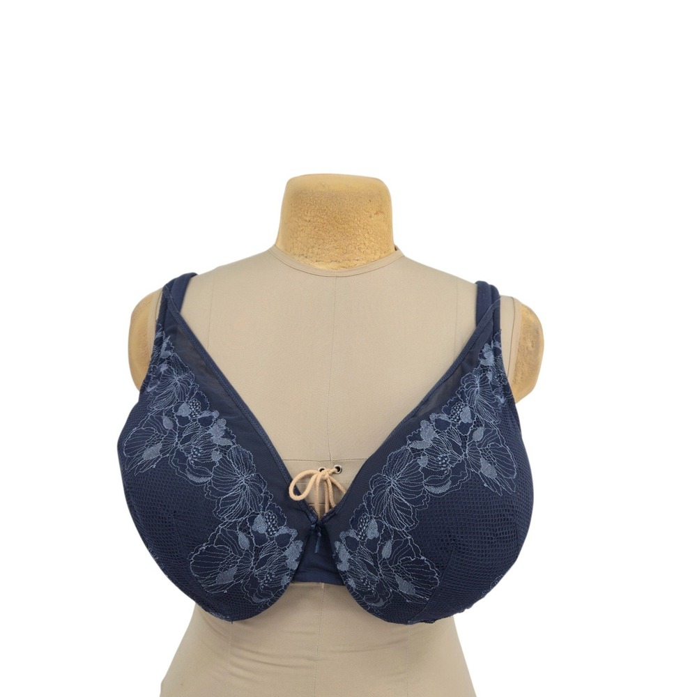 Cacique Bra Women 44DD Lightly Lined Full Coverage Navy Blue Lace Floral Support